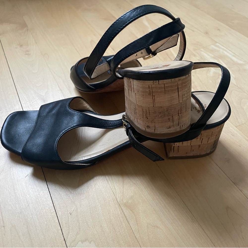 Classic Cole Haan t-strap sandals with cork block heel